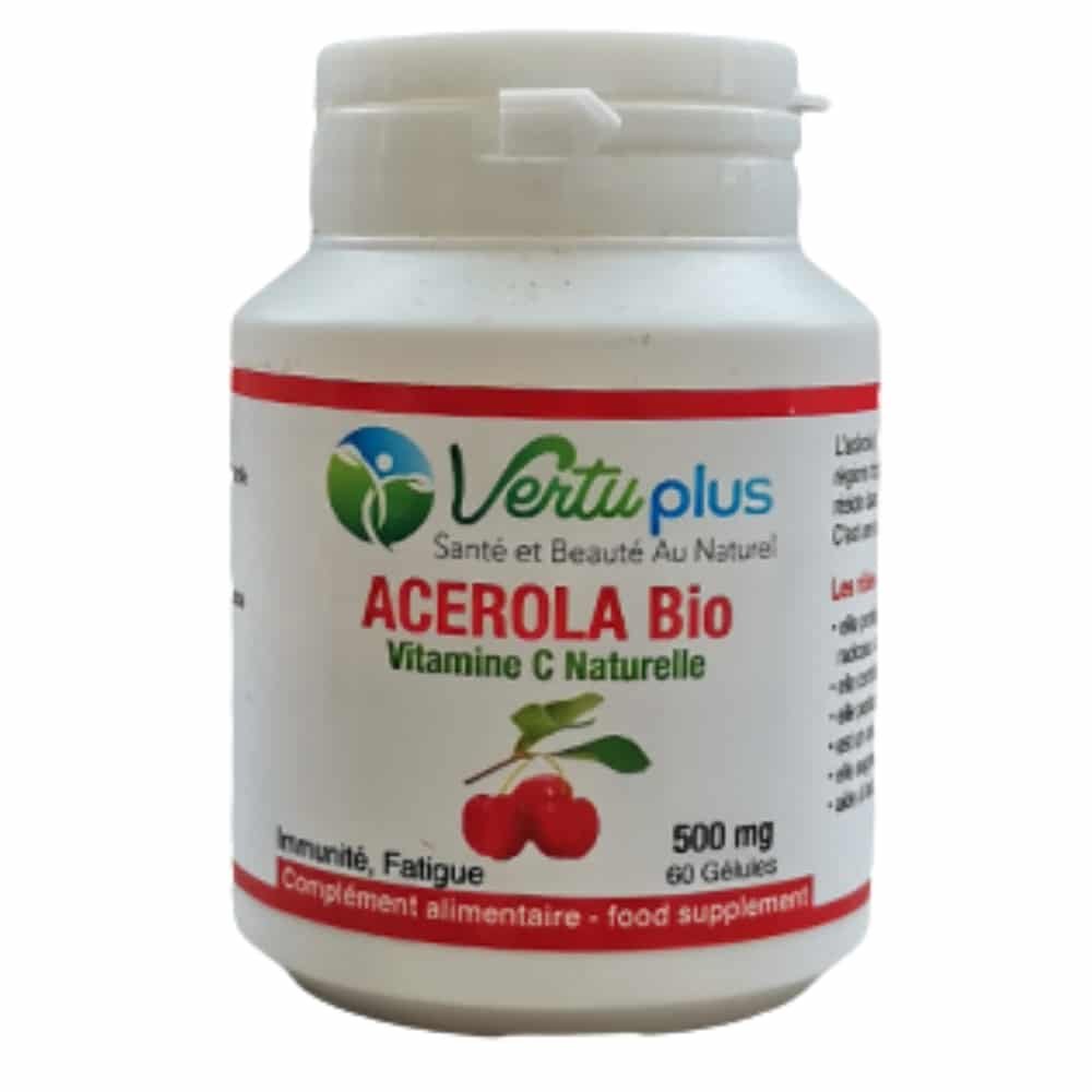 vertuplus – acerola bio vitamine c naturelle immunite et fatigue 500mg – 60 gelules