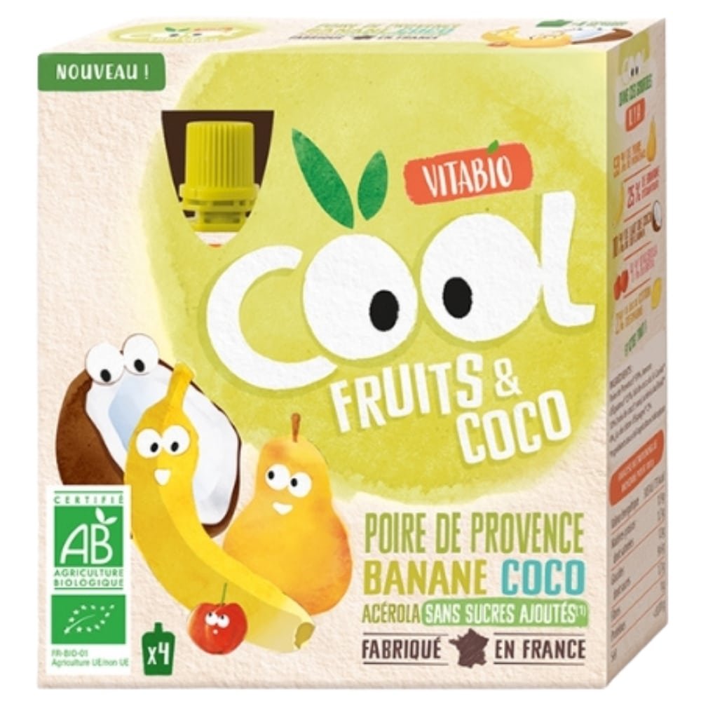 vitabio – cool fruits et coco poire de provence, banane, coco et acerola bio – 4x – 90g