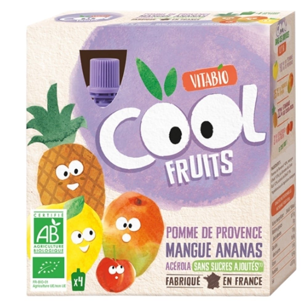 vitabio – cool fruits pomme de provence mangue, ananas et acerola bio – 4x – 90g
