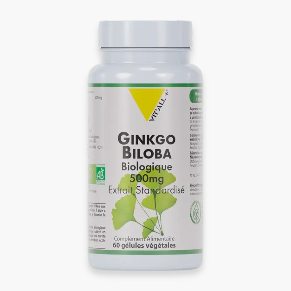 vitall+ – ginkgo biloba biologique extrait standardise 500mg – 60 gelules