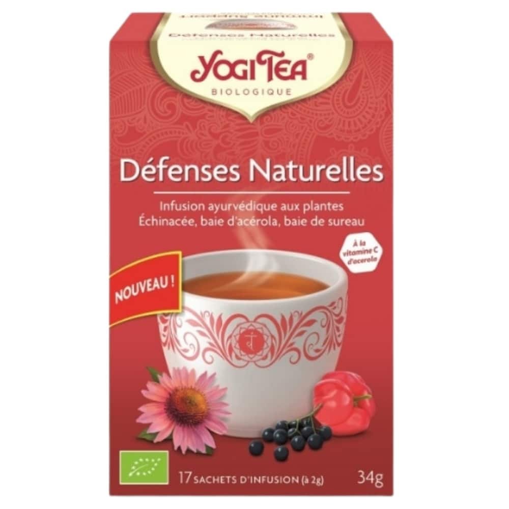 yogi tea – defenses naturelles infusion ayurvedique echinacee, baie d’acerola et baie de sureau sachets bio – 17u