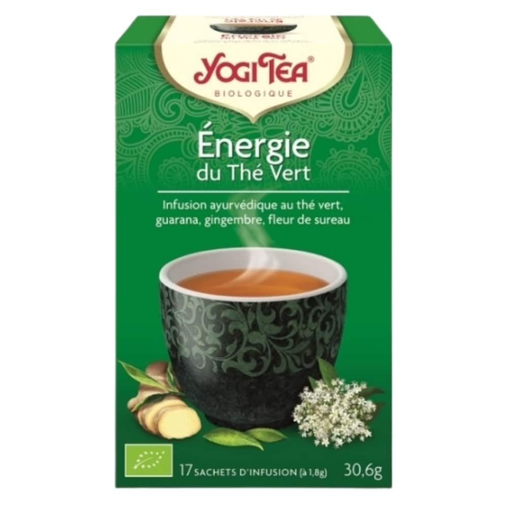 yogi tea – energie du the vert infusion ayurvedique guarana, gingembre et fleur de sureau sachets bio – 17u